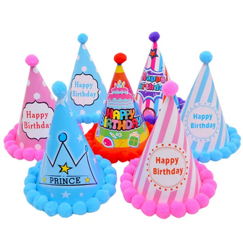AOQI Custom Multiple Styles Plush Ball Birthday Hat Party Kids Birthday Hat Boys And Girls Party Birthday Paper Hats