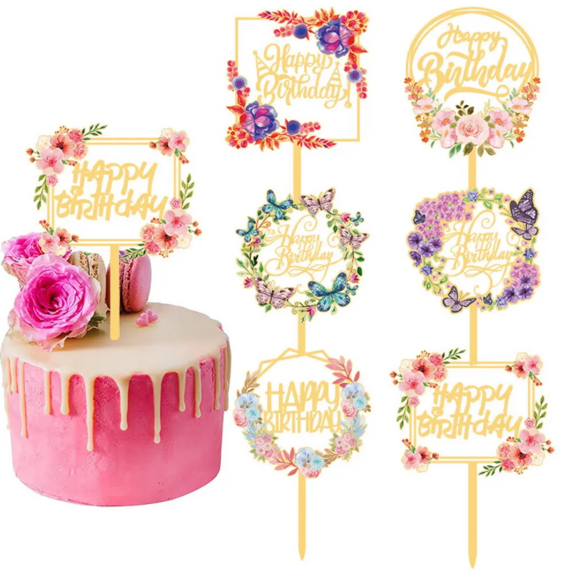 Acrylic Cake Toppers Happy Birthday Gold Flower mr and mrs Cake Toppers for Birthday Party Decorations