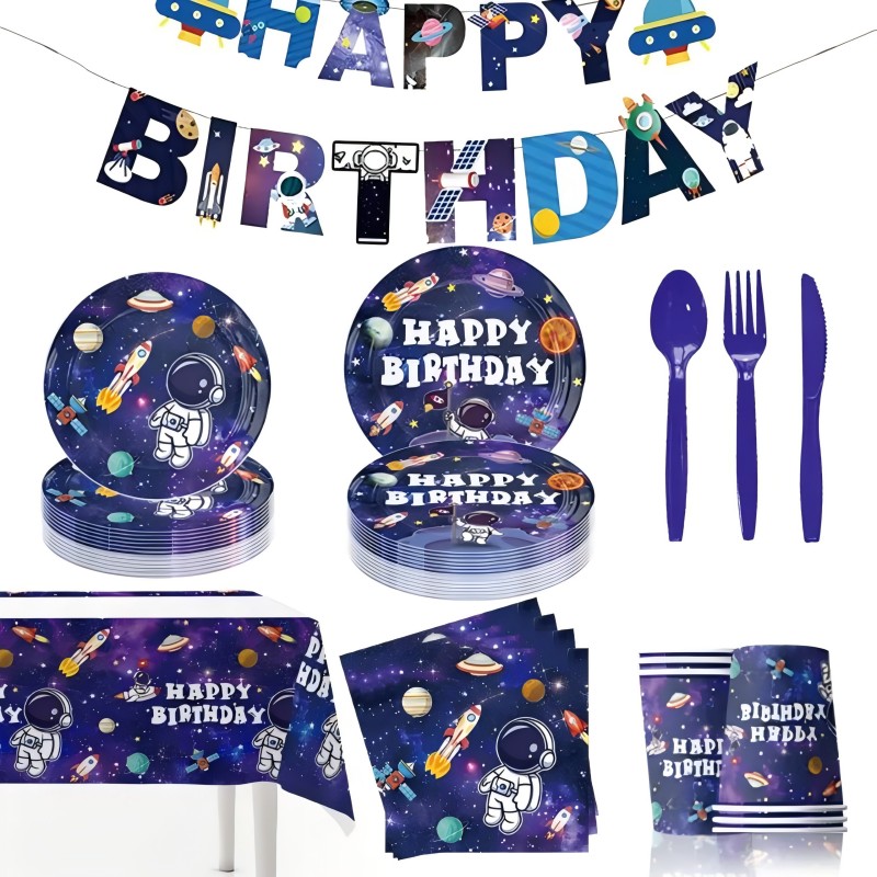 Astronauts Theme Disposable Tableware Set 10People Use Party Decorations Plates Cups Napkins Straws Forks Spoons Pennant Banner