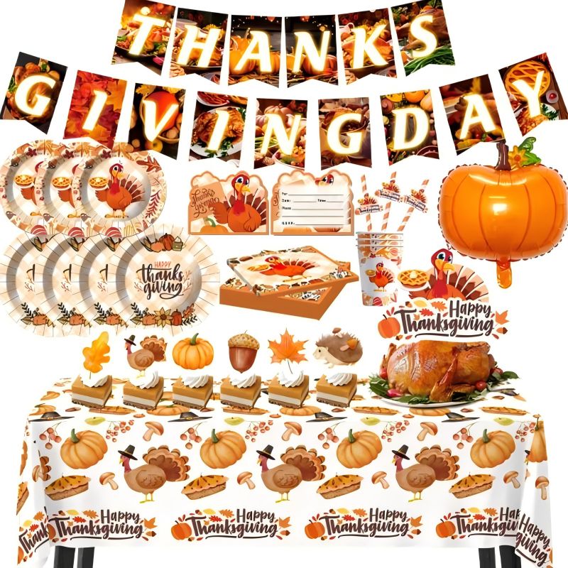 Thanksgiving Party Tableware Set with Napkins Flag Straw and Invitation Festive Balloons for Events