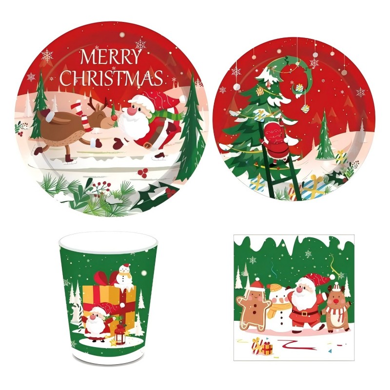 Huancai Merry Christmas party supplies paper plates cups napkins disposable tableware dinnerware set for Xmas party decorations