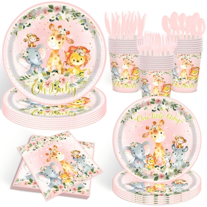 Pink Jungle Animal Party Tableware Set Disposable Paper Plate Tissue Paper Cups Poly Set