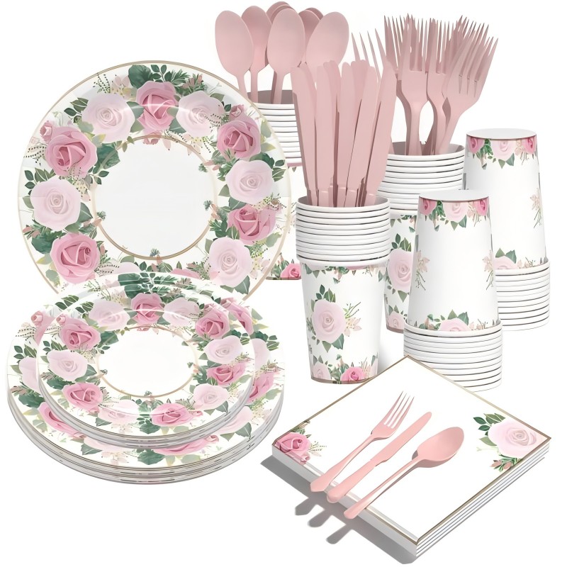 Customized Wholesale Kids Party Supplies Rose Theme Decorations Printed Party Supplies Kits Birthday Party Tableware Sets