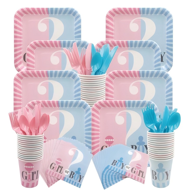 Gender Reveal Disposable Tableware Set Boy Or Girl Plate Napkin Baby Shower Party Decorations Plates Cup Knife Fork Spoon Supply