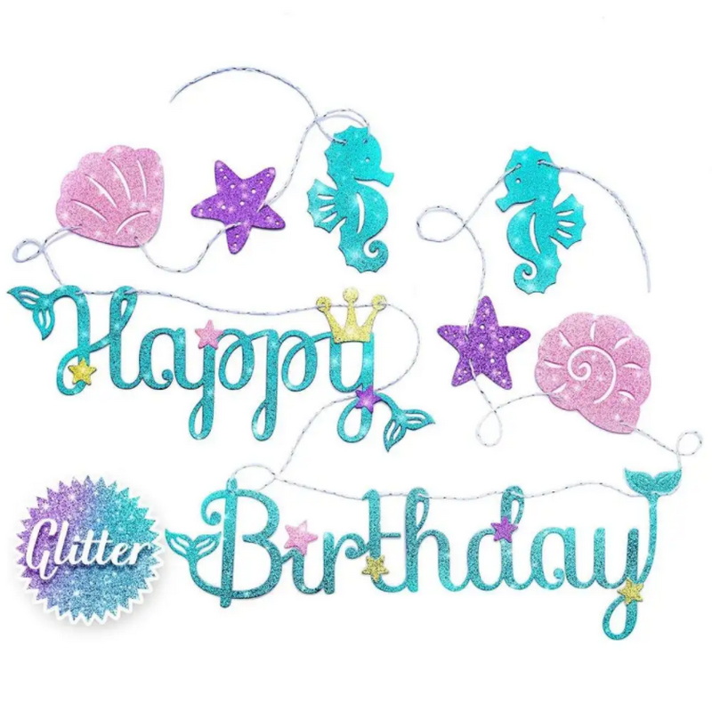 Sparkle Glitter Premium Under the Sea Mermaid Birthday Party Decor Theme Mermaid Happy Birthday Banner