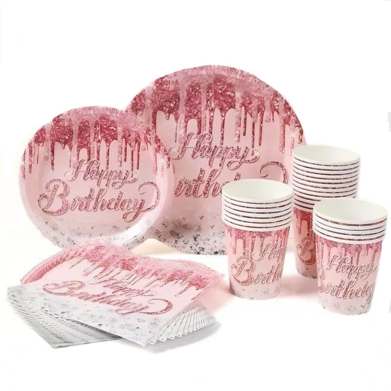 Birthday Disposable Tableware Sets Party Supplies Rose Gold Paper Plate Napkin Cups For Girl Birthday Decorations