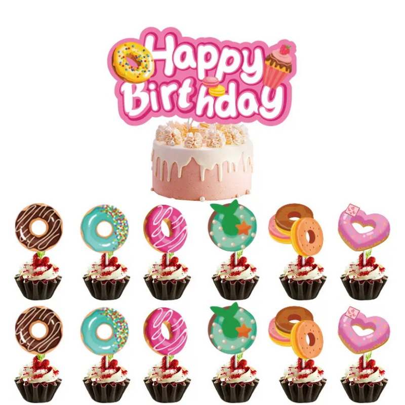 Donut Birthday Theme Cake Topper Cartoon Ice Cream Cake Card Birthday Party Cake Decoration Topper