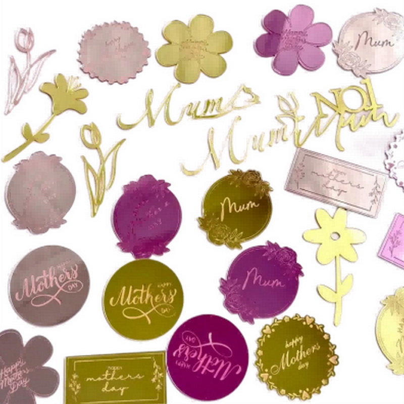 Colorful Mirror Acrylic cake disc Tulip Flowers for Mother's Day cake decoration mum Cupcake decoration
