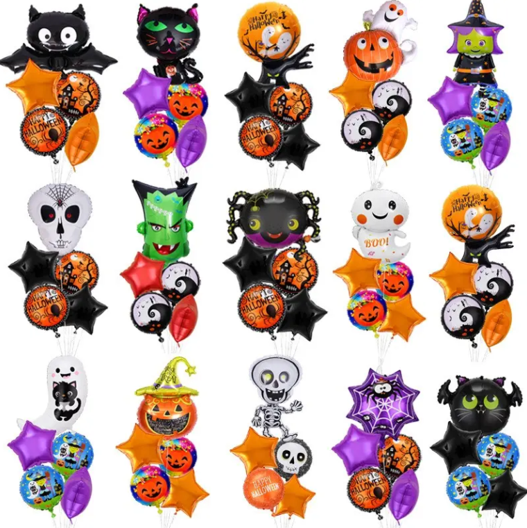 New Halloween Five-Piece Pumpkin Head Ghost Black Cat Aluminum Foil Wrap Balloon Set Company Party Decor