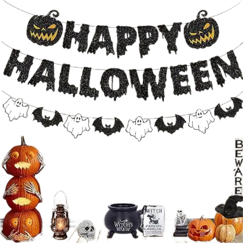 Happy Halloween Banner with Halloween Pumpkin,Black Bat and White Ghost for Halloween Party decor,Halloween Outdoor Decorations
