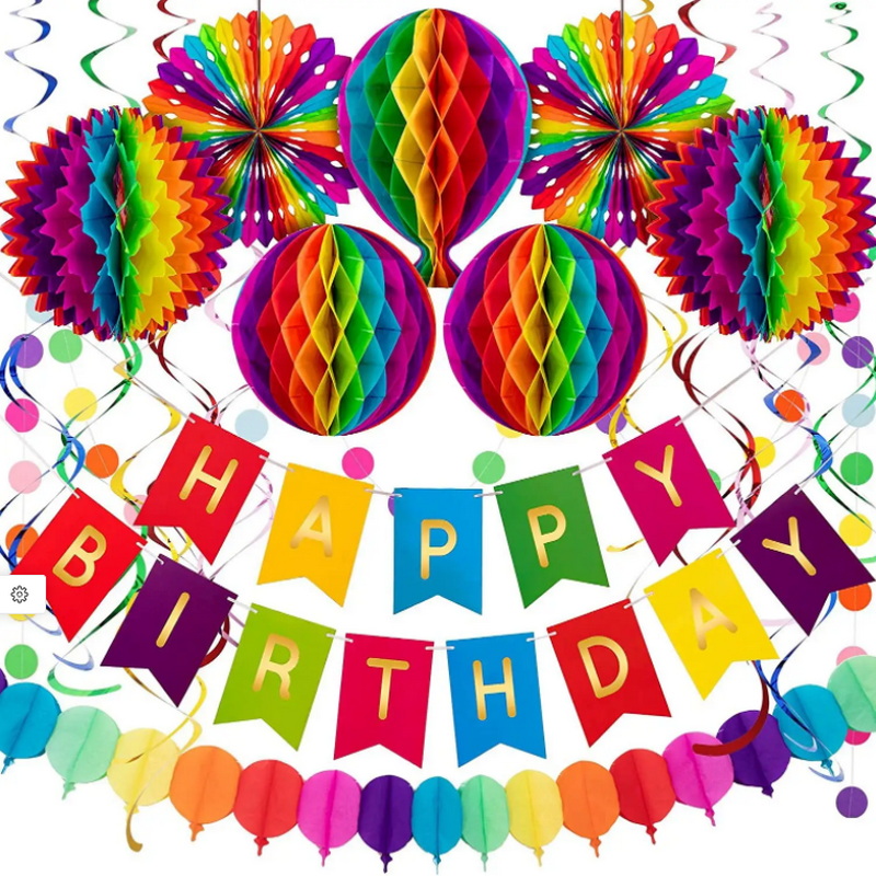 Colorful Happy Birthday Paper Banner Bunting Swirl Streamers pompom Honeycomb balls Paper flower for Birthday party decoration