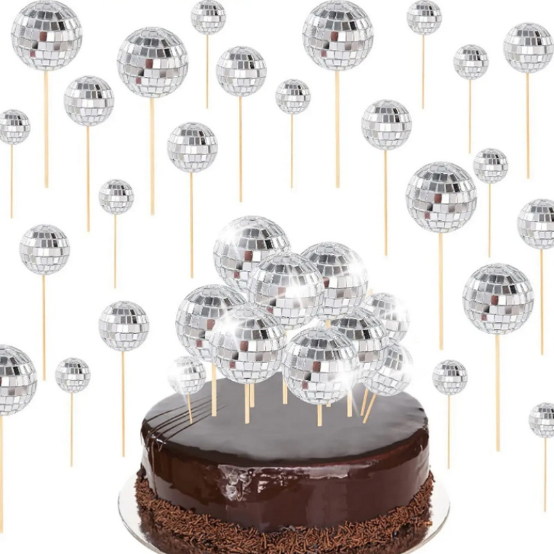 Cake decoration wholesale Disco Ball Cake toppers Decoration Dance Birthday Party Supplies Bling Silver Mirror Balls Cupcake