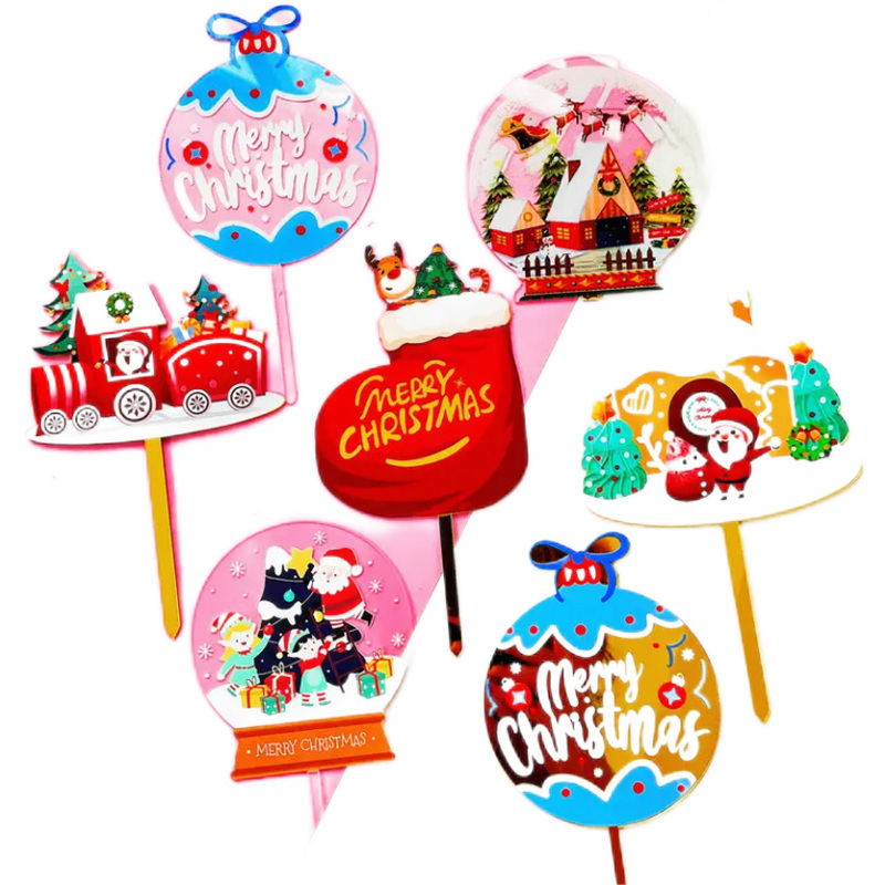 new Party Decoration merry christmas cake Topper printed Christmas socks Santa Claus Cake Flags acrylic cake toppers