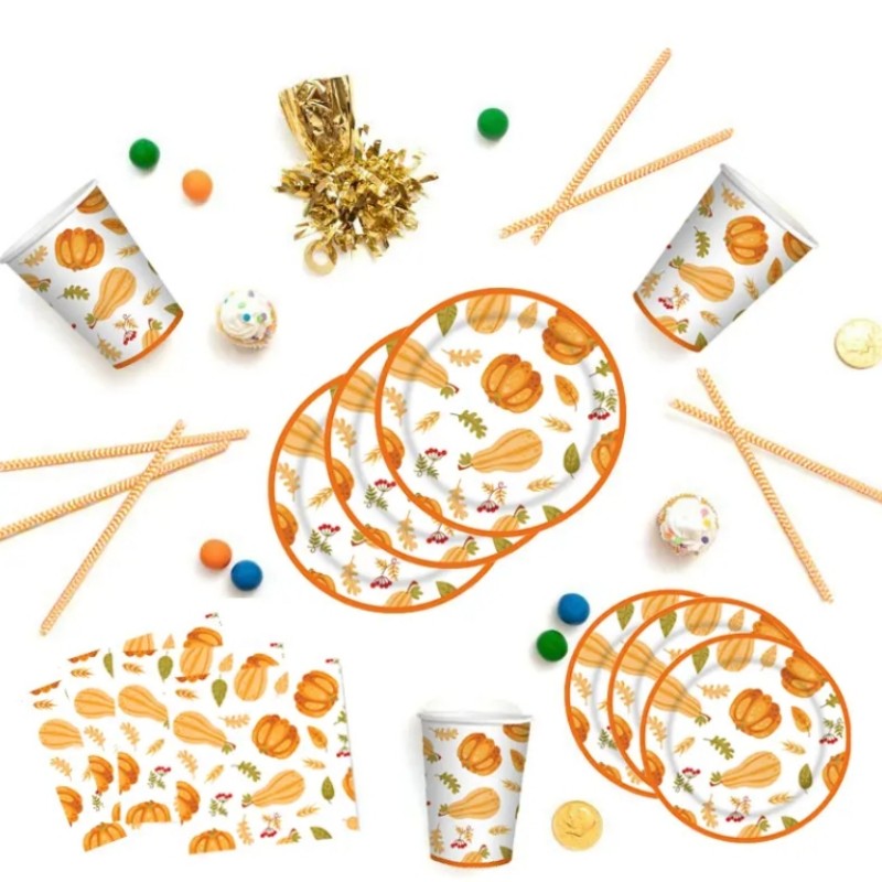 Autumn Pumpkin Happy Thanksgiving Paper Plates Party Paper Dishes Plates Disposable Tableware Set