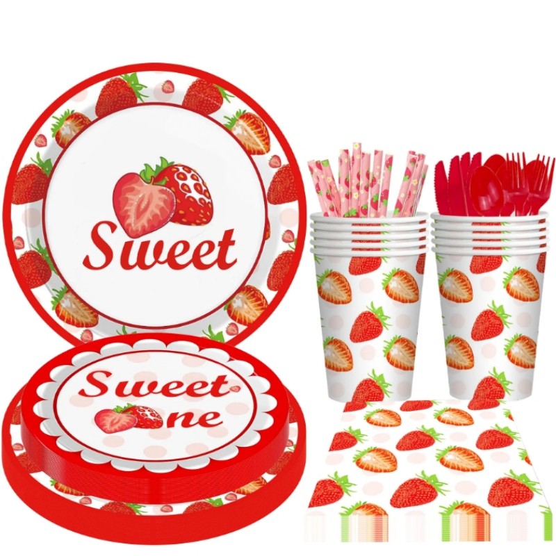 Strawberry Party Tableware Set Plates Birthday Party Table Decoration Supplies Summer Fruit Party Pack