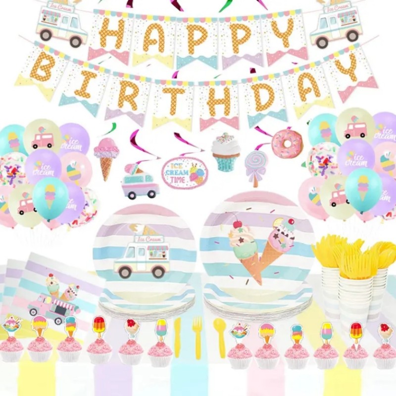 Icecream Theme Girls Birthday Party Donuts Paper Banner Cake Topper Balloons Set Happy Birthday Party Decoration Event