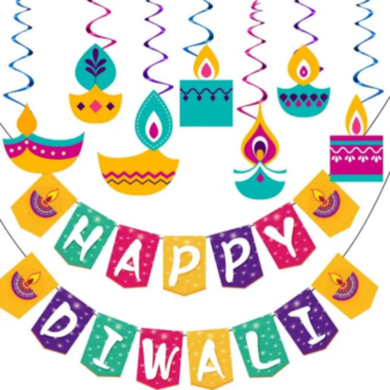 Diya Rangoli happy Diwali letter paper banner flag Deepavali hanging swirls garland for Festival of lights party supplies decor