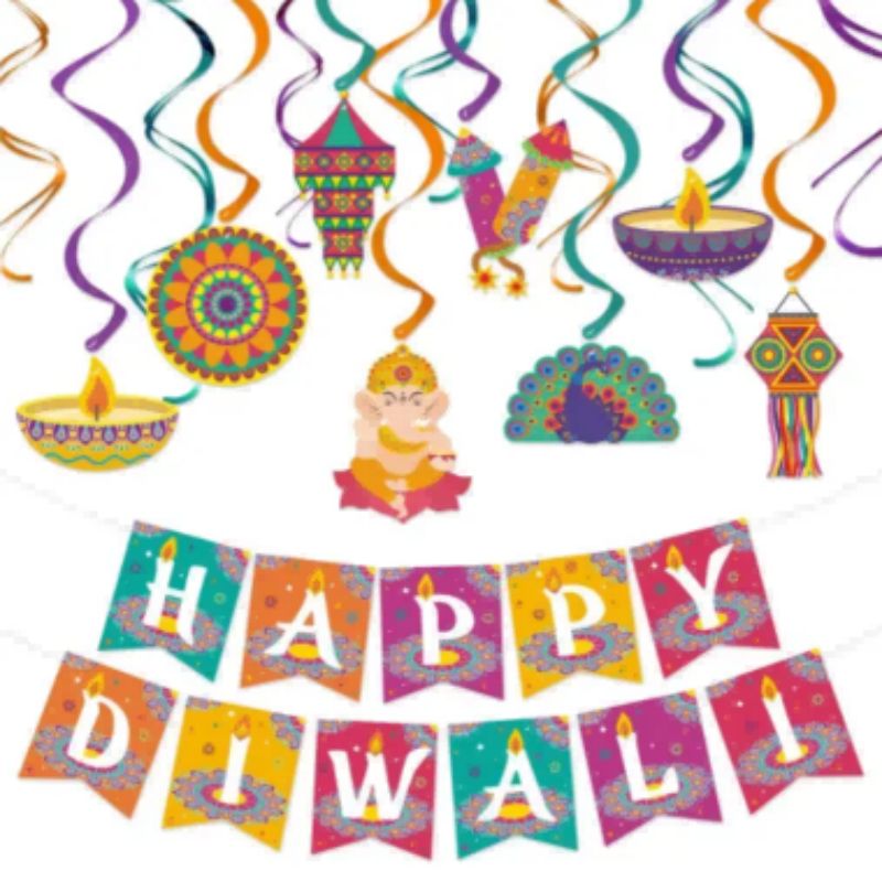 Happy Diwali letter paper banners flags hanging Festival of Lights Diya foil swirls garland for Happy Diwali Hindu party decor