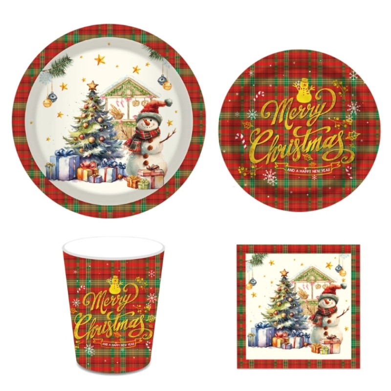 Christmas Party Supplies Buffalo Plaid Snowman Paper Plates Cups Napkins Disposable Tableware Set for Xmas Party Decor
