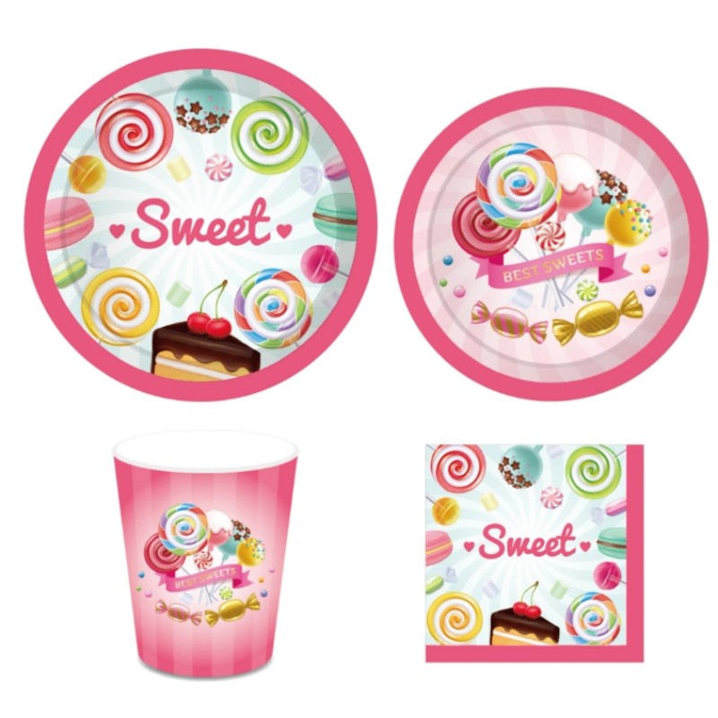 candy party tableware set lollipop birthday party supplies paper plates cups napkins banner tablecloth cutlery balloons