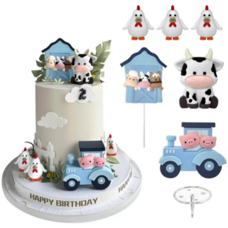 Farm Cake Toppers Cartoon Animal Cake Topper Decorations for Birthday Party Baby Shower Decor (Blue)