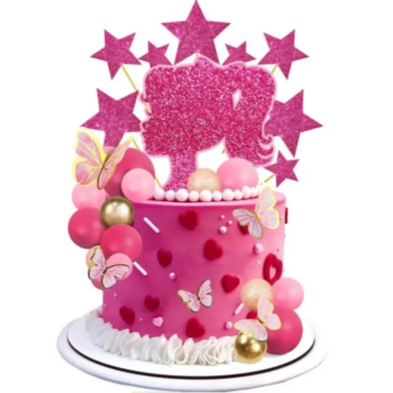 Hot Pink Girl Cake Toppers with Pink Gold Butterfly Balls Star Doll Cake Toppers for Wedding Birthday Themed Party Supplies