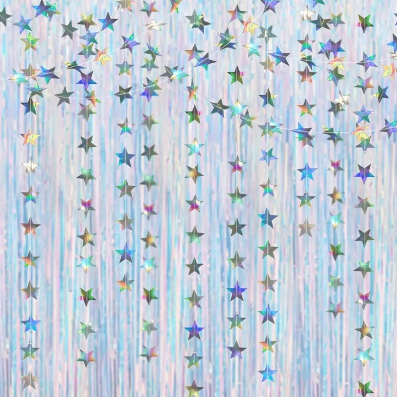 Iridescent Tinsel Foil Curtain Twinkle Star Garland Hanging Decoration Proposal Wedding Engagement Holographic Background