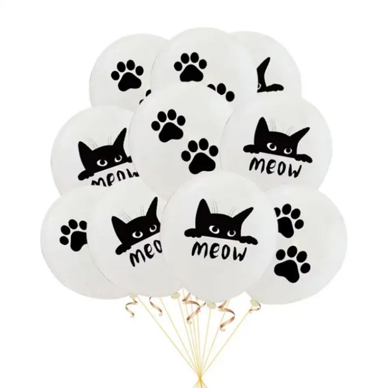 Youlun White Black Cat Meow Kitty 12PCS Set Happy Birthday Party Balloon for Fun and Festive Celebrations