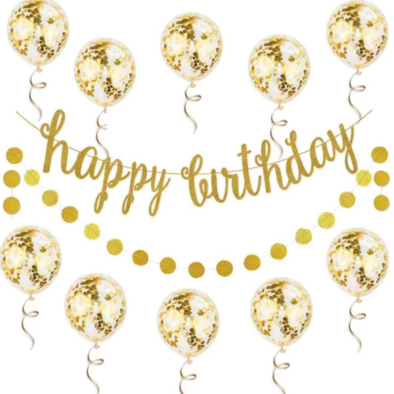 Gold Glitter Happy Birthday Paper Banner Confetti Latex Balloons Decoration Kit Happy Birthday Decoration Supplies