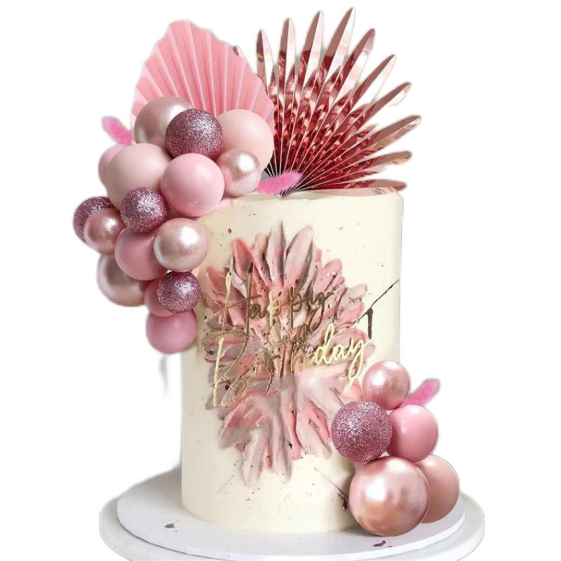 Rose Gold Cake Topper Set with Paper Fan Foam Ball Pink Cake Balls for Birthday Decorative Supplies