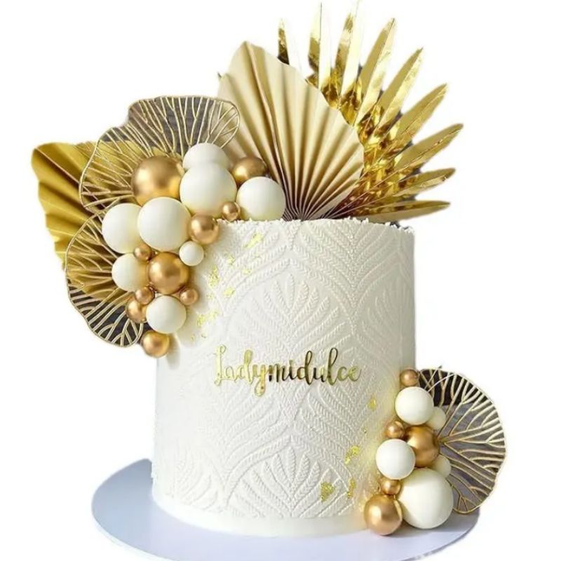 Champagne Gold Cake Decorative Ball and Gold Palm Leaves for Birthday Decorations Cake Decorating Supplies