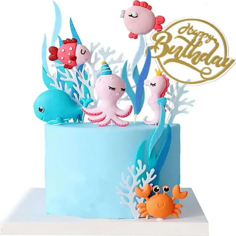 LEMON 12pcs Cake Topper Sea Cake Decorations Baby Shower Whale Topper Ocean Theme Cake Toppers Happy Birthday Party Supplies
