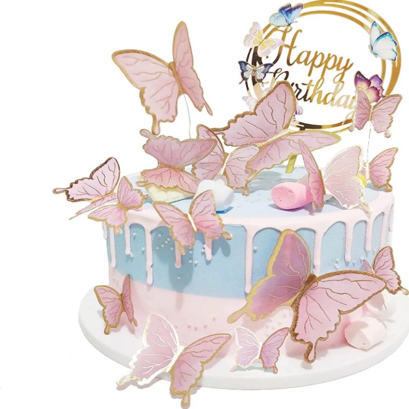 LEMON 16pcs 3D Pink Gold Butterfly Cake Topper Decorations Acrylic Cake Toppers Happy Birthday Baby Shower Party Supplies