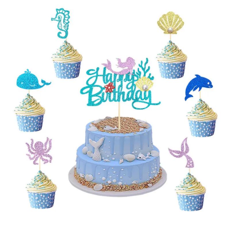 LEMON 25pcs Mermaid Glitter Cupcake Toppers Under The Sea Cake Toppers Happy Birthday Decoration Cake Topper Party Supplies