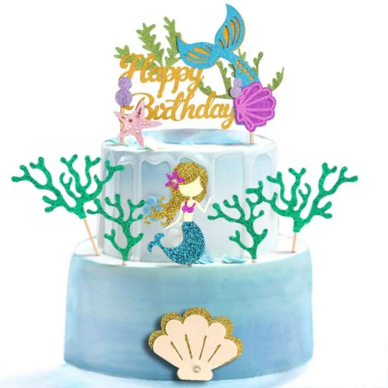 LEMON 7pcs Glitter Mermaid Theme Cake Topper Seaweed Cupcake Cake Toppers Happy Birthday Mermaid Themed Party Decorations
