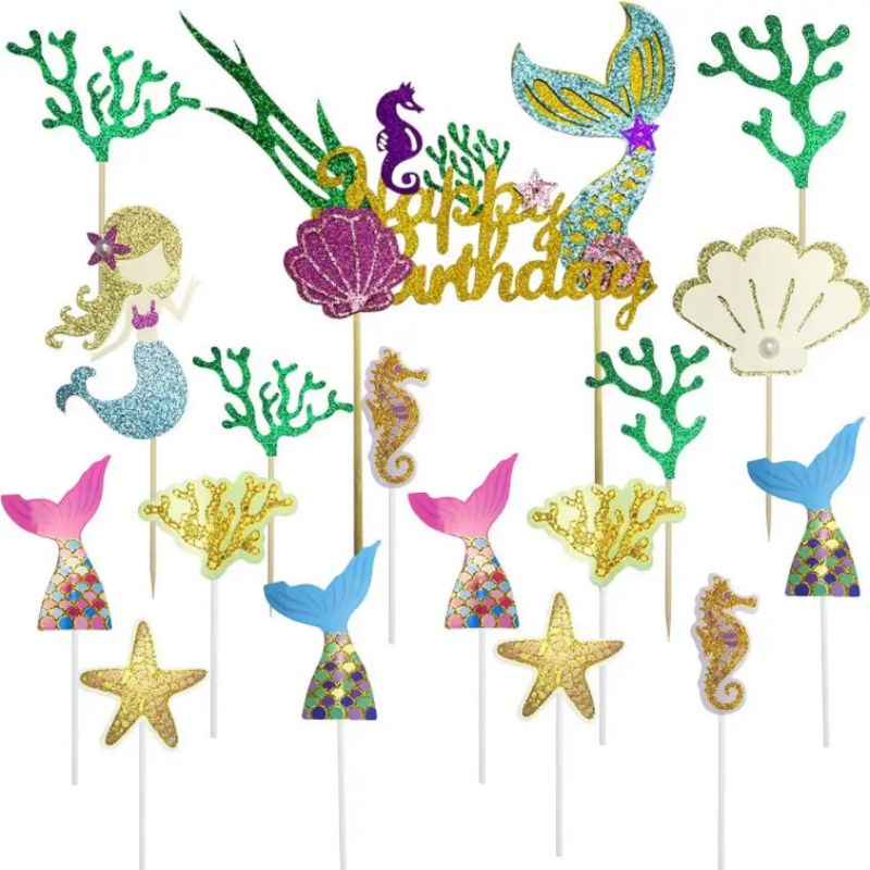 LEMON 17pcs Glitter Mermaid Cake Topper Seaweed Ocean Mermaid Tail Cake Toppers Happy Birthday Cupcake Toppers Party Supplies