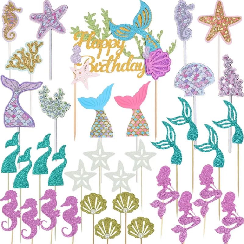 LEMON 36pcs Mermaid Theme Cupcake Toppers Under the Sea Cake Toppers Happy Birthday Mermaid Tail Cake Topper Party Supplies