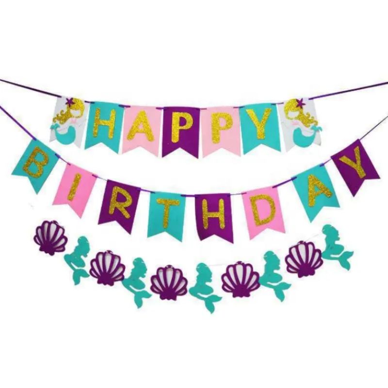 DAMAI Mermaid Theme Party Felt Glitter Happy Kids Birthday Bunting Banner for Party Wall Hanging Decoration Photo Props Supplies