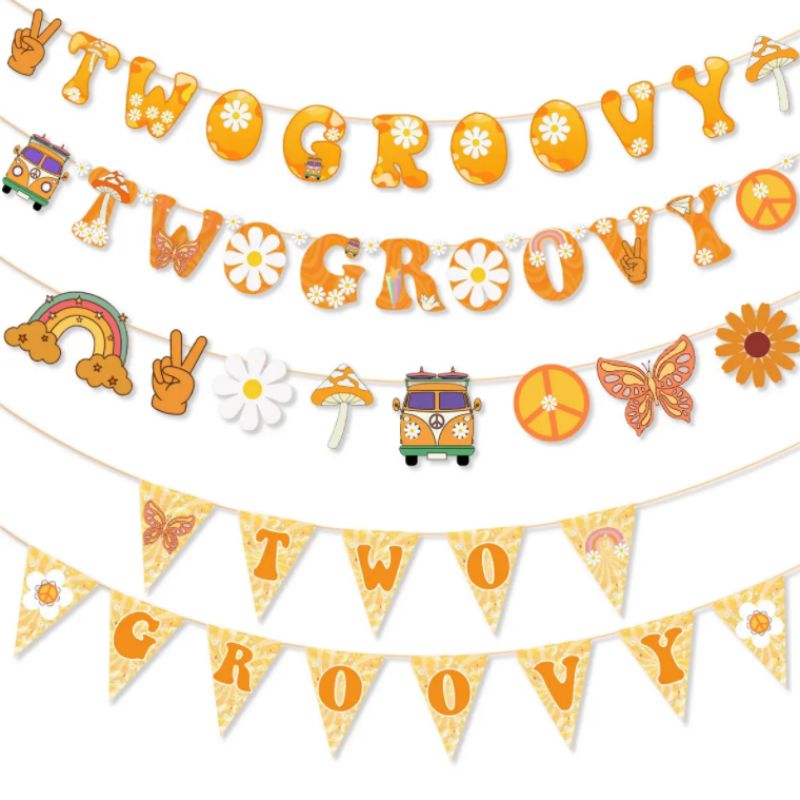 DAMAI Promotional Flags Banners for Decoration Two Groovy Pull Flag BannersHippie Birthday Party Background Decoration
