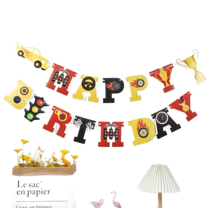 Stock birthday party decoration train motorcycle tractor for boy girl custom printed bunting flag paper letter birthday banner