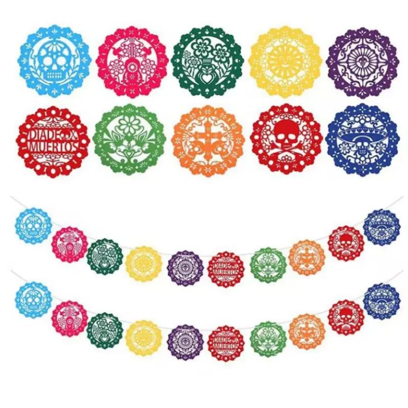 Mexican Festival Felt Flag Pinata Theme Party Banner Day of the Dead Colorful Hollow Flag Banner