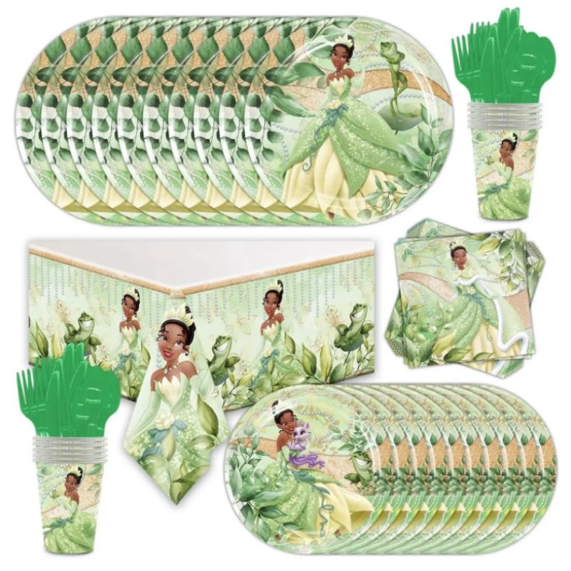 Girls Birthday Frog and Princess Paper Cups Plates Tablecloth Birthday Party Decorations Disposable Tableware Princess Tiana