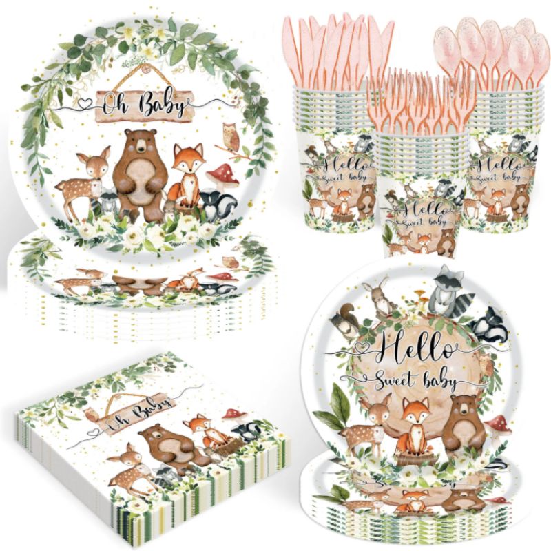 Green Jungle Animal Birthday Party Paper Plate Tableware Set Disposable Tissue Paper Cup Set