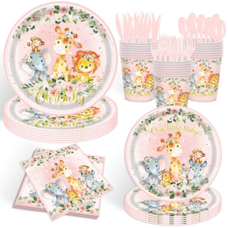 Pink Jungle Animal Party Tableware Set Disposable Paper Plate Tissue Paper Cups Poly Set
