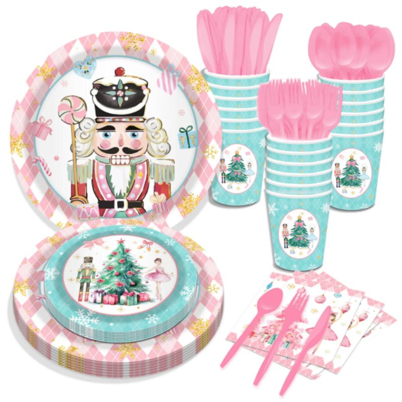 Merry Christmas Nutcrackers Party Pink Paper Round Plates Cups Napkins Disposable Tableware Set Dinnerware