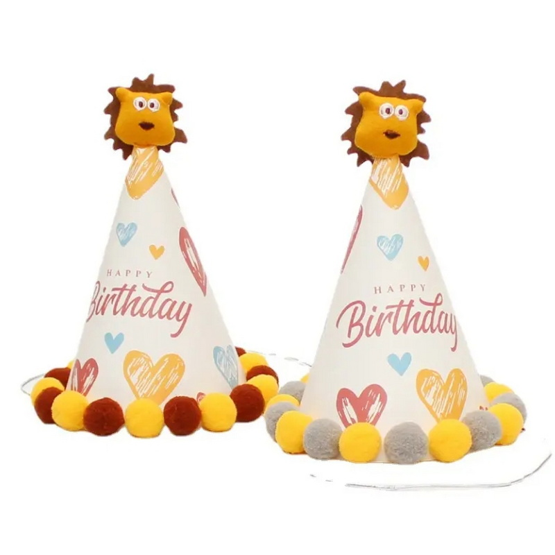 Wholesale Kids Cartoon Animal Party Decoration Birthday Hat cute Pom Pom Hat Kid Baby Individual Packing