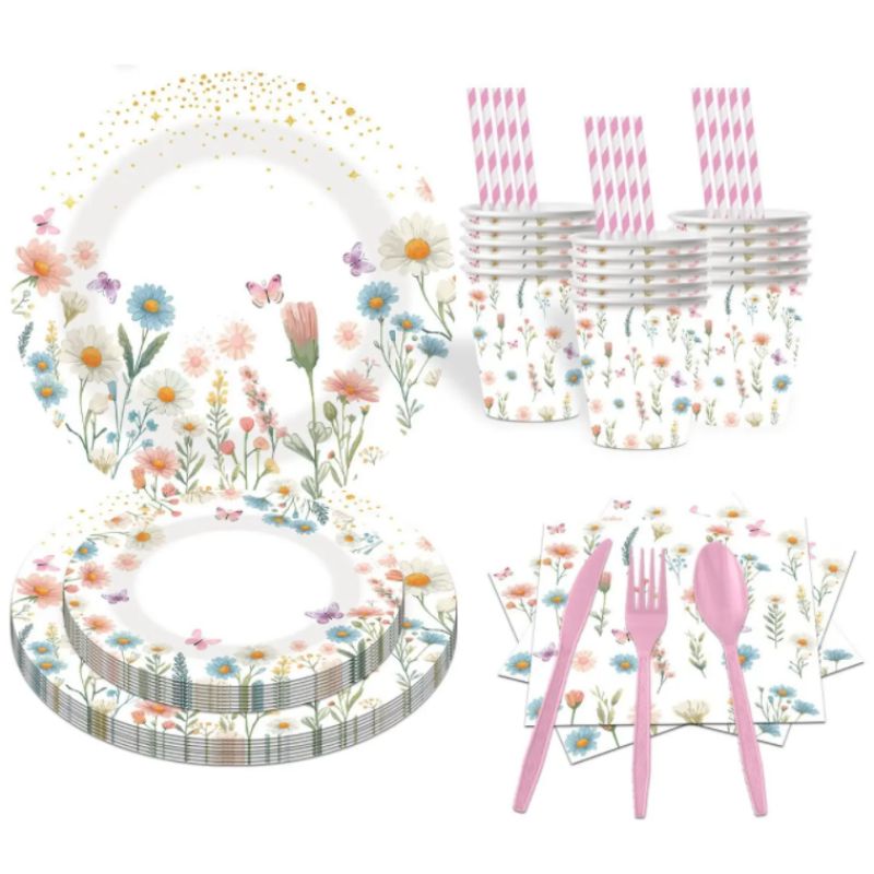 New Arrival Flower Theme Disposable Paper Plates Set Floral Theme Tableware Paper Plates Napkins Party Supplies Wholesale