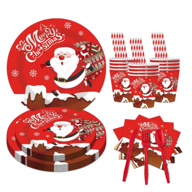 Hot Sale 2024 Christmas Party Santa Claus Tableware Set Disposable Paper Plate Napkin Party Supplies Wholesale