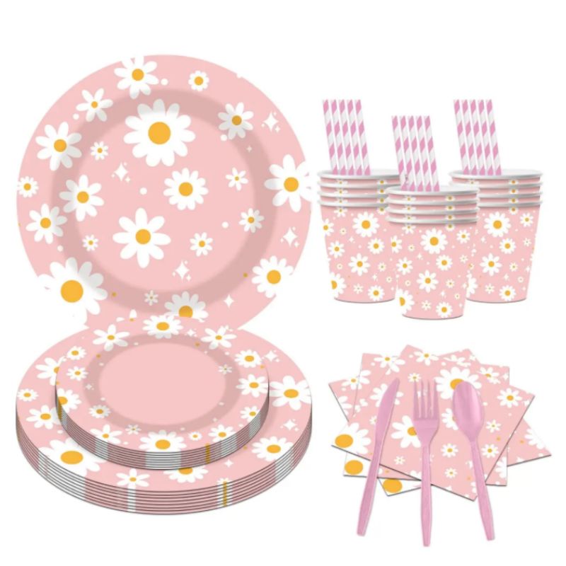 Wholesale Pink Daisies Sunflower Flower Theme Tableware Disposable Paper Plate Tablecloth Napkin Party Supplies