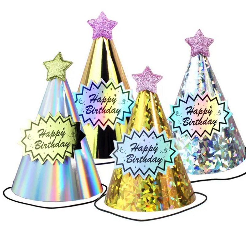 Birthday Party Hat Pink Top Star Laser Film Covered Birthday Hat Gold Silver Happy Birthday Supplies